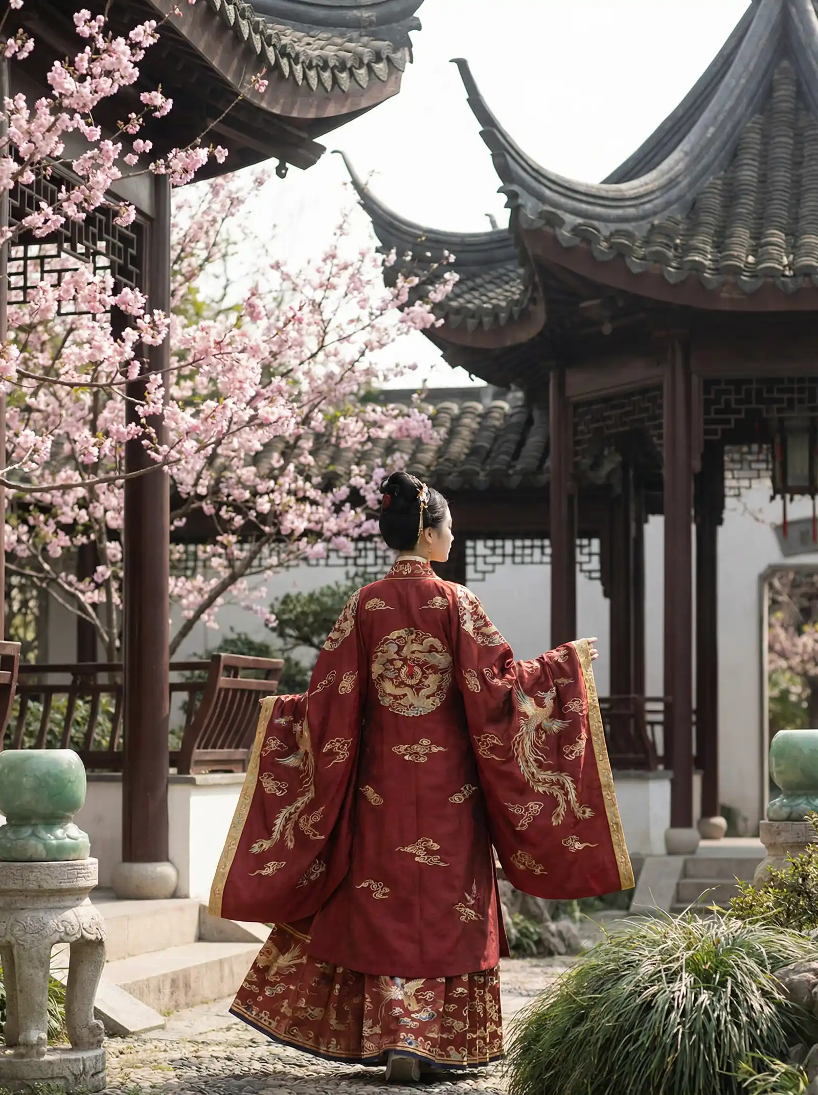 银虎导 明制汉服红色凤凰刺绣